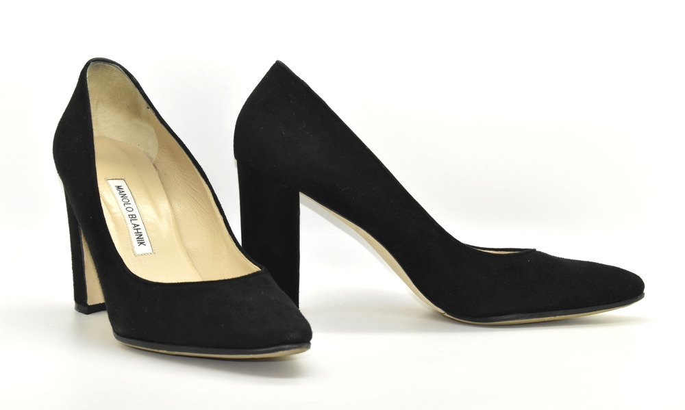C0 Auth MANOLO BLAHNIK Black Suede Almond Toe High Block Heel Pump Shoes Size 40